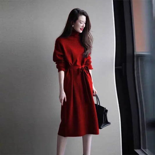 Purple Turtleneck Knit Bottoming Dress Women's Spring And Autumn Coat New Temperament Knee-Length Sweater Long Skirt