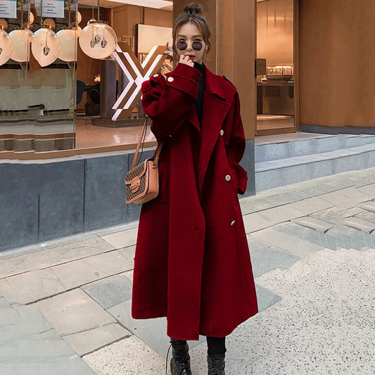 New Fall Winter Elegant Wool Jacket Women Loose Chic Wine Red Woolen Coats Double-Breasted Cashmere Woolen Long Overcoat Female